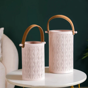Set of Two <b>White</b> Metal Lanterns with Cutwork Design and Leather Handles Decorative Candle Holders for Home Decor Lighting - Product Image 5