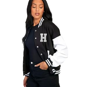 Chaquetas universitarias personalizables para mujer, Mangas de cuero de lana, parches bordados 3D de invierno, diferentes colores, Logo de piel personalizable - Product Image 4