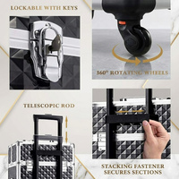 Valise de Maquillage Professionnelle 4-en-1 à Roulettes, en Aluminium Noir Diamant, Grande Boîte Cosmétique de Voyage, Trolley de Barbier et Coiffeur