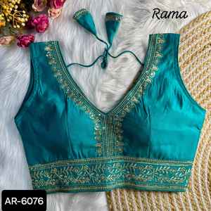 Indian Ethnic Wear Heavy Pure Roman <b>Silk</b> Ready Made Blouse with Embroidery Work <b>Sleeveless</b> Pattern Blouse with Attached Sleeve - Product Image 2