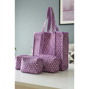 Collection d'été écologique : Ensemble de 4 sacs fourre-tout utilitaires en coton violet à motifs floraux estampés à la main, avec fermeture éclair - Product Image 5