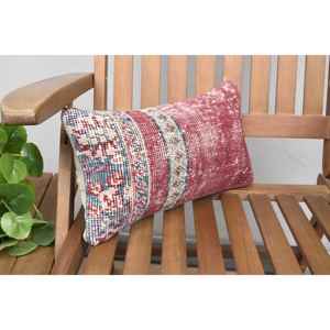 Multicolor Kilim Patchwork Wool Pillow 8x16 Inch Decorative Accent <b>Cushion</b> with Vintage <b>Fluffy</b> Leaves Pattern Woven Technique - Product Image 2
