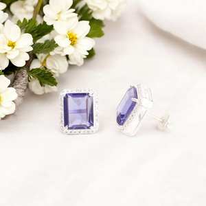 Boucles d'oreilles clous en argent sterling plaqué or avec iolite facettée, coupe octogonale, certifiées IGI, bijoux en pierres précieuses faits à la main, cadeau pour femme - Product Image 6