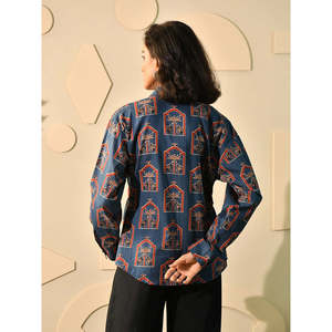 เสื้อเชิ้ตทรงหลวมสไตล์โบฮีเมียนพิมพ์ลายแบบดั้งเดิม ผ้าฝ้าย 100% สำหรับฤดูร้อน ติดกระดุม แต่งเข็มขัดรัดเอวทรงหลวมสไตล์ปรัสเซีย - Product Image 6