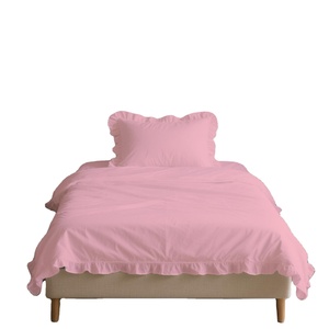 Parure de lit de luxe en polycoton pour une personne, housse de couette et drap-housse rose à volants, motif uni, style princesse pour la maison - Product Image 1