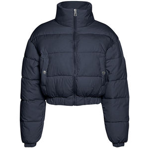 Chaqueta cortavientos transpirable de lona con logotipo personalizado para mujer, chaqueta recortada de manga larga de gran tamaño con cuello levantado y cremallera acolchada - Product Image 1