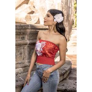 Women <b>Black</b> Strapless Embroidered Tube <b>Top</b> Mexican Style Floral Embroidery <b>Bandeau</b> <b>Top</b> Ethnic Smocked Crop <b>Top</b> Washable Natural - Product Image 2