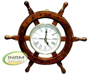 समुद्री प्राचीन लकड़ी डिजाइनर जहाज स्टीयरिंग व्हील घड़ी सजाया पीतल जड़ना के साथ काम