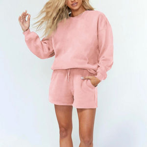 Custom Winter Long Womens <b>Tracksuits</b> Sweatshirt <b>Set</b> 2 Piece Shorts <b>Pink</b> 100% Cotton Fleece Eco-Friendly in Stock - Product Image 2