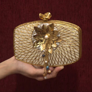 Handcrafted Mother of Pearl <b>Clutch</b> with Gold Mesh Frame Floral Metal Motif Pearl Tassel Luxury Evening <b>Wedding</b> <b>Bag</b> - Product Image 1