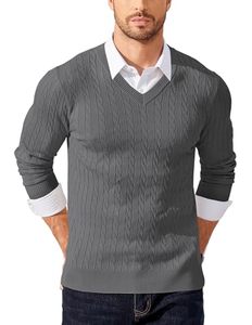 Pull en maille torsadée à col en V pour homme avec logo frontal, effet superposé faux col chemise, idéal pour un look décontracté et professionnel - Product Image 1