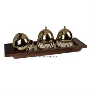 Hammered Texture High Grade Gold Plated Premium Quality Metal Made Round Shape Dry Fruits & Nuts Serving Bowls With Wooden <b>Tray</b> - Product Image 6
