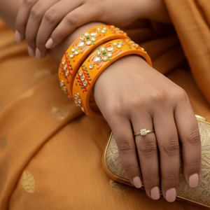 กำไลข้อมือแบบ Kundan สีส้ม ของสะสมทางวัฒนธรรม เครื่องประดับอินเดียแบบดั้งเดิม - Product Image 4