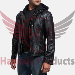 Vente flash : Veste en cuir décontractée pour homme Hasnain, veste à capuche noire pour le lycée, vêtement d'extérieur pour l'hiver, manteau de mode fini, grossiste - Product Image 2