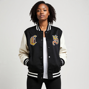 Chaqueta universitaria bordada de chenilla para mujer, chaqueta universitaria informal a prueba de viento con manga de lana y cuello vuelto, chaqueta universitaria para mujer - Product Image 3