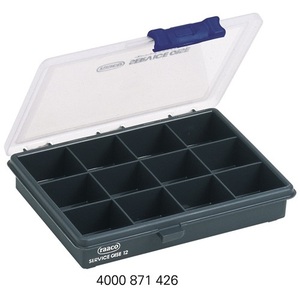 Boîte d'assortiment RAACO à 12 compartiments, 175x143x32mm, plateaux de rangement transparents bleu foncé - Product Image 1