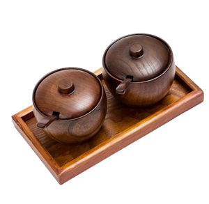 Sucrier en bois de chêne avec couvercle Ustensiles de cuisine faits à la main Comptoir sel et épices Vente chaude Ensemble de sucriers ronds - Product Image 1