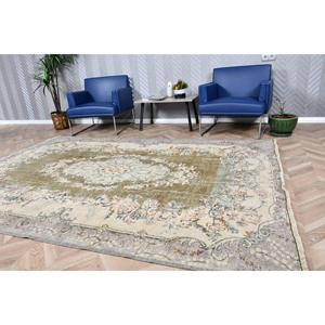 พรมขนาด 6.4x9.3 ฟุต, พรมวินเทจตุรกี, พรมขนสัตว์ลายจุดสีเทาเขียว - Product Image 4