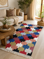 Reversible Handmade Cotton Dhurrie Multicolor Geometric Mosaic Decorative Floor Carpet with Tassel Fringe for Living Room
