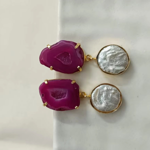 Gold Plated Brass Jewelry With Natural <b>Red</b> Stone And White Pearl Elegant Design Handmade <b>Earring</b> Fashion Accessory For Women - Product Image 2