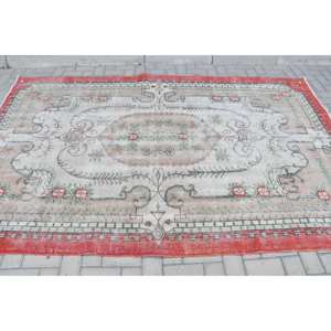 พรมขนสัตว์เย็บปะแบบวินเทจขนาด5.7x9.2ฟุตสีแดงผ้าทอแบบตุรกีสำหรับตกแต่งห้องนั่งเล่นพื้นหลังทำจากยาง - Product Image 3