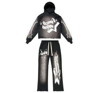 ชุดเซ็ตแทรคสูทผู้ชาย 2 ชิ้น ผ้าคอตตอน 100% ทรงหลวม แขนยาว แต่งฮู้ด ประดับคริสตัล ล้างสีแบบ Acid Wash คุณภาพสูง แฟชั่น - Product Image 5