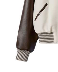 Veste universitaire pour homme, corps en laine, manches en cuir marron, boutons sur le devant, ourlet côtelé, veste bomber classique de style universitaire - Product Image 6