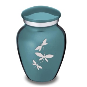 Urne funéraire souvenir en aluminium avec bande autocollante en forme de dauphin blanc, étain et sarcelle finie pour les cendres. - Product Image 3