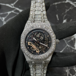 Totalmente Iced Silver Lab Creado Moissanite Skeleton Cristal de cuarzo Cristal Correa de acero inoxidable Hombres Hip Hop Reloj resistente al agua - Product Image 1