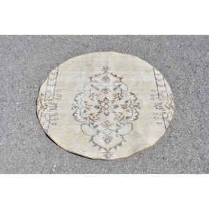 Tapis en Laine Turque Beige Marron Vintage de 3.3X3.4 pieds Fait à la Main Classique Patchwork Design Salle à Manger Pile Moyenne Latex Écologique - Product Image 1