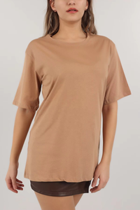 Camiseta de Manga Corta con Cuello Redondo para Mujer, Color Camel, Corte Regular, Color Sólido, Transpirable, Tejida, Estilo Casual de Primavera/Verano - Product Image 3