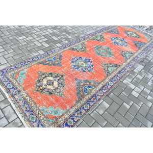 Vintage <b>Runner</b> Rug 4.2x12.3 ft (129x375 cm), Turkish <b>Red</b> Oriental Wool Rug - Product Image 2