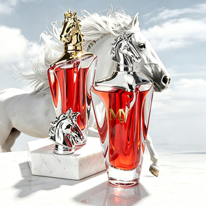 Botella de Perfume de Vidrio Vacía de Lujo de 80 ml, Envase de Fragancia con Forma Única y Tapa Metálica con Cabeza de Caballo Electrochapada - Product Image 1