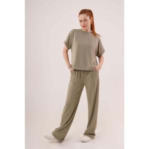 Ensemble deux pièces Lustrin pour femme : haut à manches courtes en modal et pantalon de survêtement à jambes larges - Tenue décontractée vert olive pour la détente (vente en gros) - Product Image 3