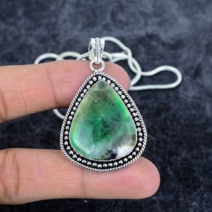 Green Fluorite <b>925</b> <b>Sterling</b> <b>Silver</b> Pear Gemstone Fine Pendant Necklace <b>Chain</b> Necklace For <b>Men</b> Women Anniversary Pendant Necklace - Product Image 2