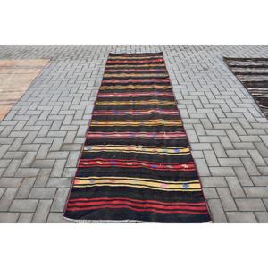 Vintage Kilim <b>Runner</b> Rug 3.3x11.3 ft (100x343 cm), Turkish <b>Black</b> Floral Rug - Product Image 1