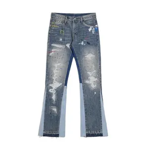 Oem Custom Distressed Casual Jeans Streetwear Werkkleding Jeans Elastische Taille Heren Wijd Uitlopende Broek