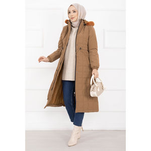 Manteau à capuche en fourrure Nova avec cordon de serrage à la taille, coupe-vent pour l'hiver - Couleur beige - Product Image 3