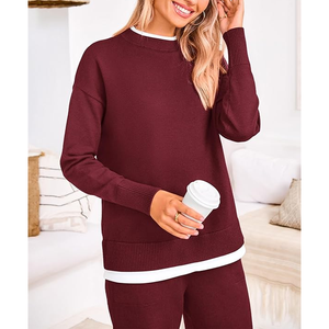 Conjunto de 2 Piezas de Alta Calidad para Mujer, Suéter Casual de Punto de Algodón Sólido y Pantalones Anchos para Conjuntos Deportivos - Product Image 4