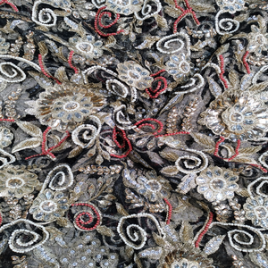Superior Quality Nigerian Couture 5 Yard Red <b>Net</b> Lace <b>Fabric</b> With Floral PAttern And Intricate Embroidery Work For Wedding Wear - Product Image 5