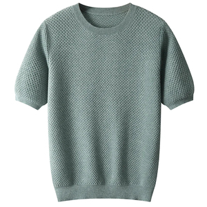 Pull à col en T pour hommes à manches courtes 100% pull en pure laine printemps et été nouveau pull couleur unie tendance haut - Product Image 1