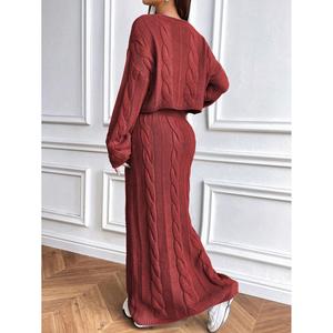 Cropped Cable <b>Knit</b> Sweater <b>Set</b> Women's Red S Long Skirt Matching Outfit - Product Image 4