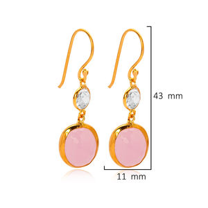 Boucles d'oreilles en forme ovale de quartz fumé rose, serties de pierres, avec fermoir en or 22 carats, fabrication artisanale turque, bijoux en argent sterling 925 - Product Image 2