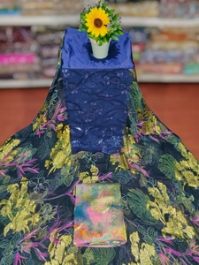 Tela Formal para Vestido de Boda, Jacquard de Sarga Lisa, Diseño Floral con Brillo Plateado sobre Base Azul, para Eventos Especiales - Product Image 2