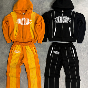 Conjunto de Sudadera con Capucha y Pantalones Deportivos de Pierna Recta con Estampado Personalizado de 400 g/m², Costuras en Contraste y Cremallera para Hombre - Product Image 1