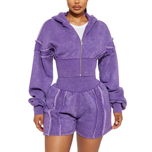 Conjunto corto de dos piezas de alta calidad con capucha recortada por la parte superior, conjunto de pantalones cortos de chándal con detalle de costura en el hombro Vintage lavado - Product Image 1