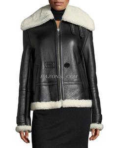 Veste en cuir aviateur en peau de mouton pour femmes, veste en cuir de motard décontractée à la mode, veste en fourrure sherpa en cuir pour femmes - Product Image 1