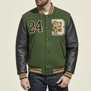 Blouson de baseball chaud d'automne blousons d'université Letterman en laine coupe-vent en viscose pour hommes avec manches en cuir et logo à l'avant - Product Image 1