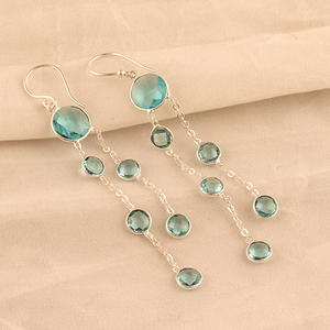 Pendientes de cadena larga de cuarzo azul suizo, Pendientes colgantes de varias piedras chapadas en plata - Product Image 5