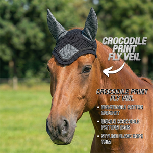 Voile anti-mouches noir en crochet à motif peau de serpent, cache-oreilles élégants faits à la main, bonnet équestre rembourré doux et confortable pour l'équitation - Product Image 2